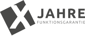 Logo „X Jahre Funktionsgarantie“ Symbol mit „X“ und Schriftzug „Jahre Funktionsgarantie“.