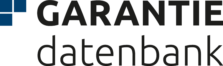 Logo: blaues Quadrat-Symbol links, Schriftzug „GARANTIE datenbank“.